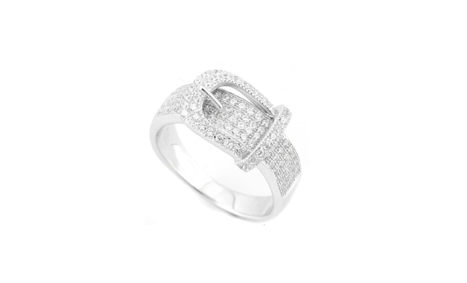 Women's 18K White Gold Plated Cubic Zirconia Pave Buckle Ring Band Sizes 6-9