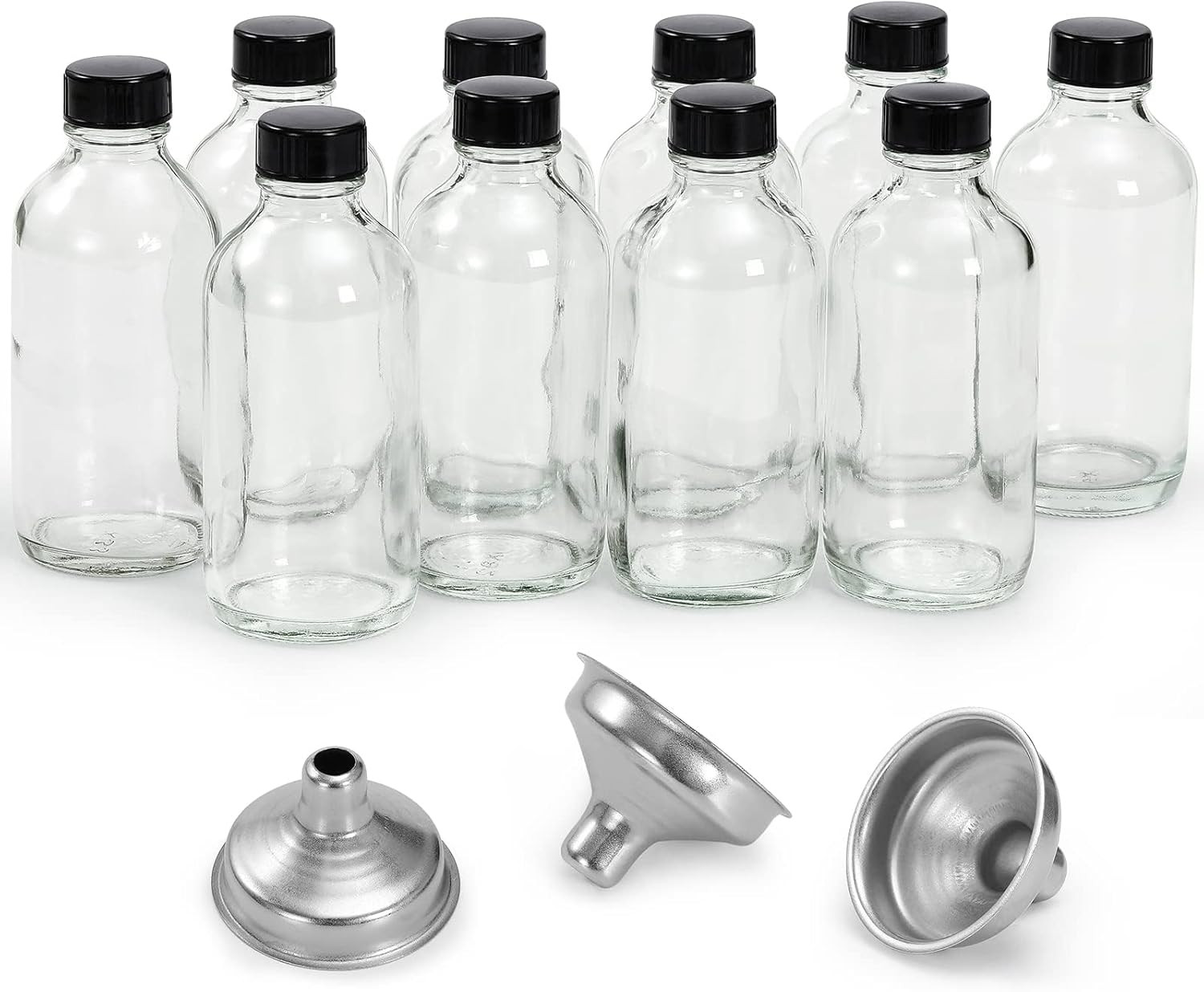 10 Pack, 4 Oz Small Clear Glass Bottles W/Lids & 3 Stainless Steel Funnel - 120M