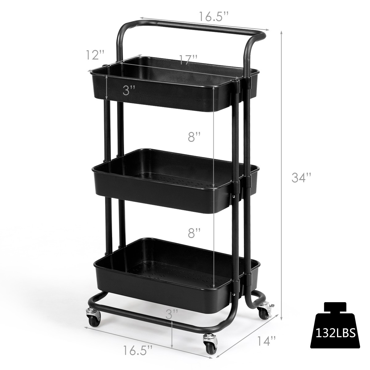 3 Tier Rolling Cart with Wheels Practical Handle & ABS Basket Organizer Black