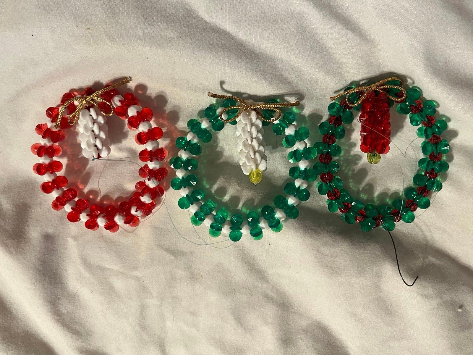 Vintage Handmade Beaded Christmas Wreath Ornaments w Candle 1960s