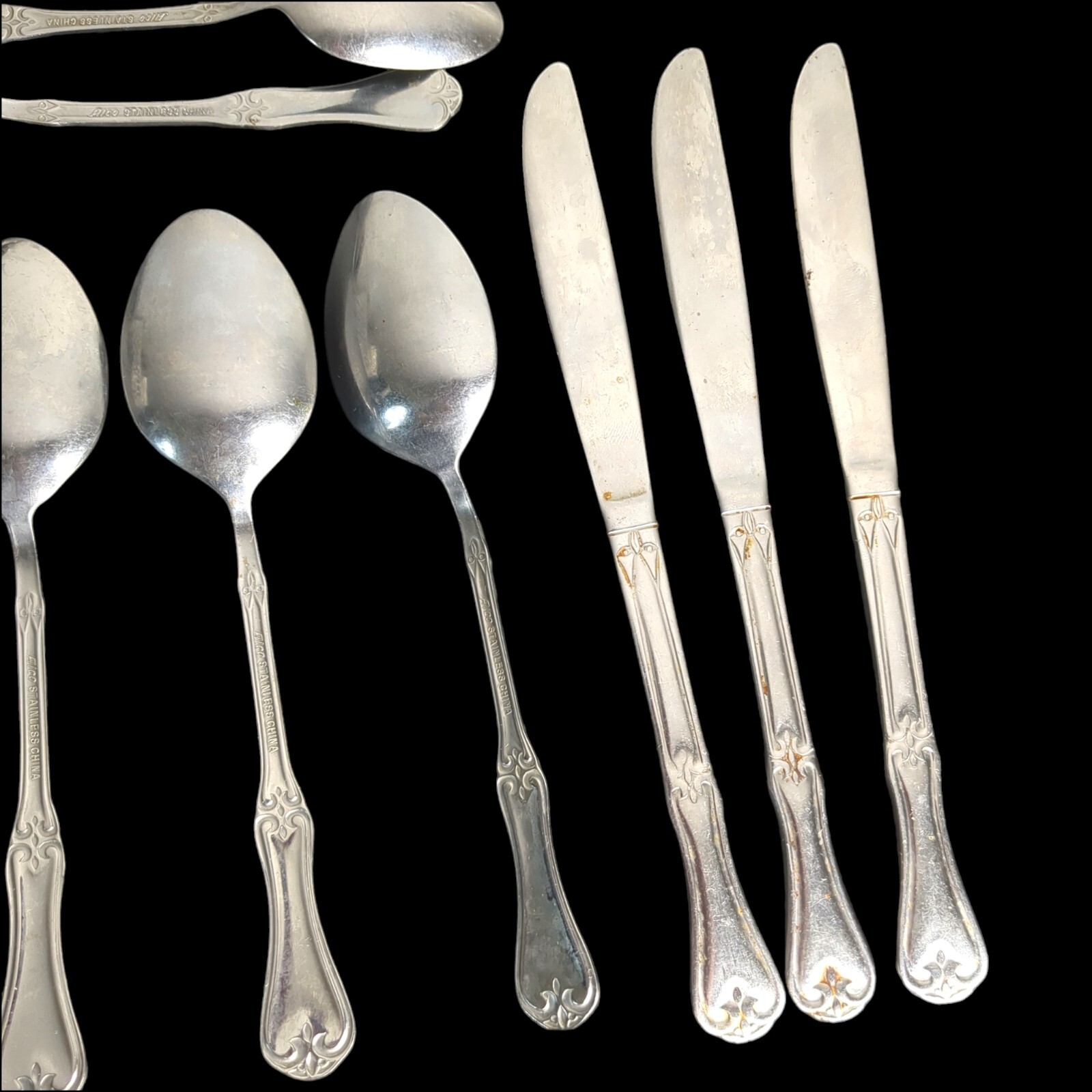 Lot 13 Alco UNKNOWN PATTERN Scrolls Scalloped Spoon Knife 6" Stainless Flatware