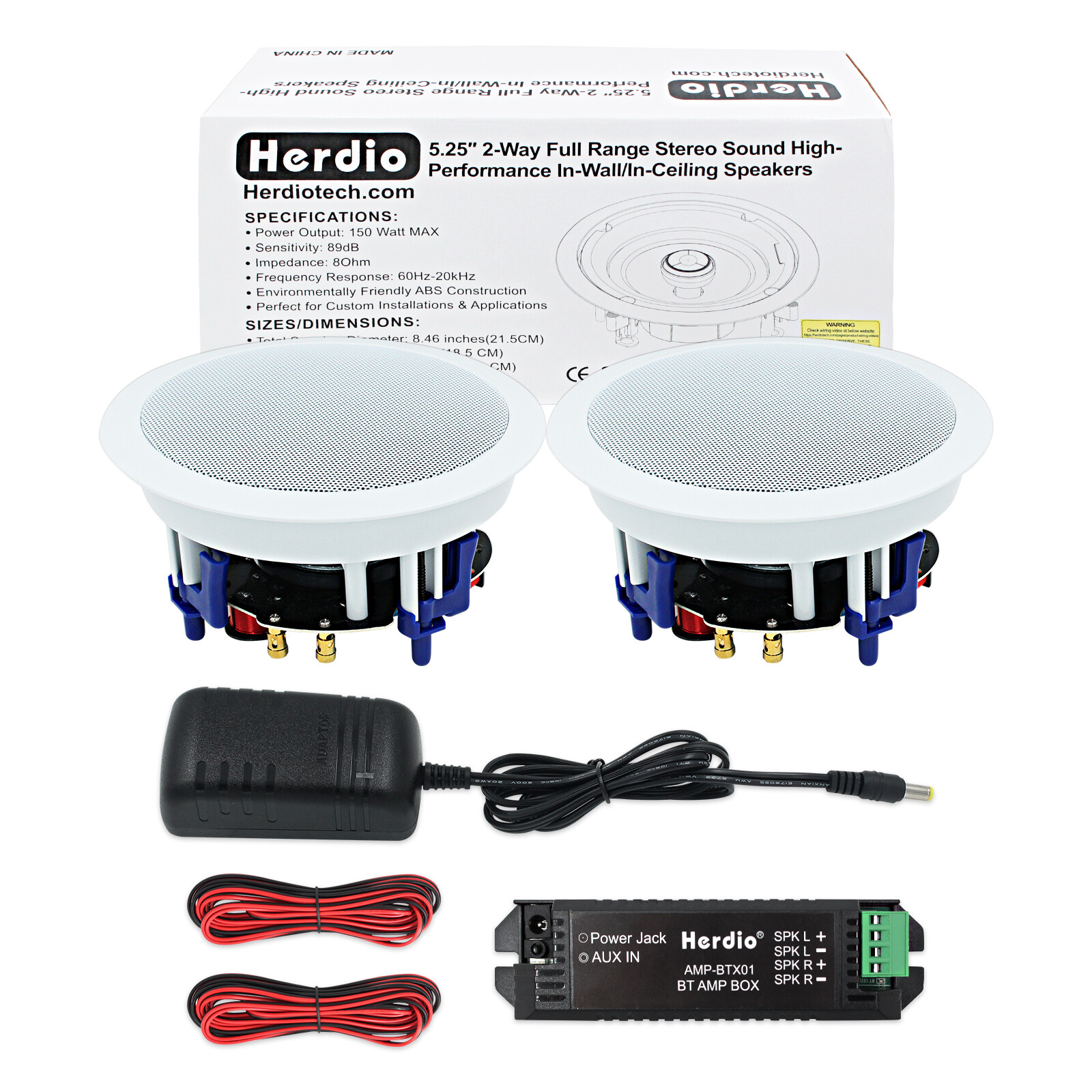 Herdio 5.25" Bluetooth Ceiling Speakers 2-Pack 300W Flush Mount Stereo