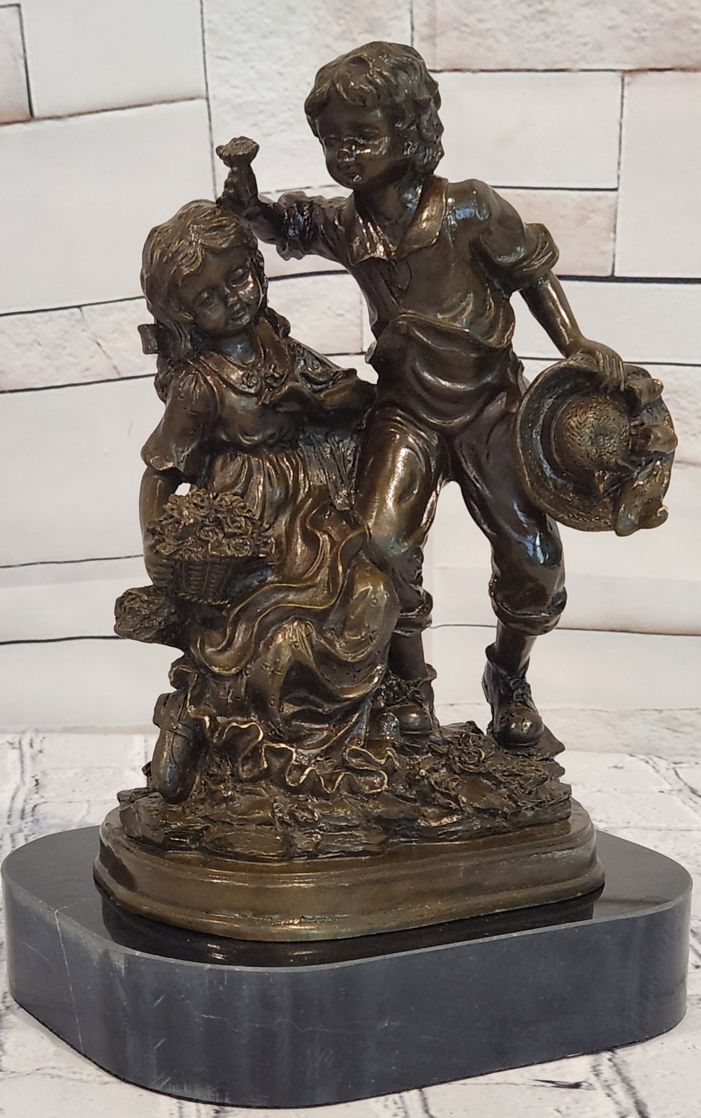 Patoue Bronze Children Sculpture Boy Girl Siblings Figurine Classic Fine Art