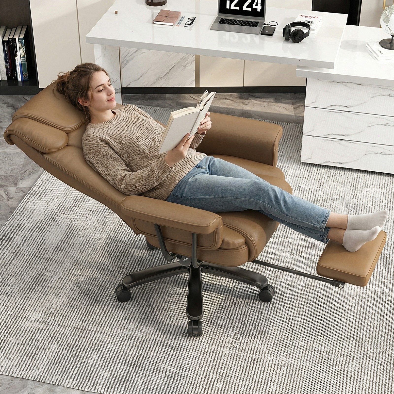 Big and Tall Office Chair Reclin with Footrest High Back Desk Chair 400LBS Brown