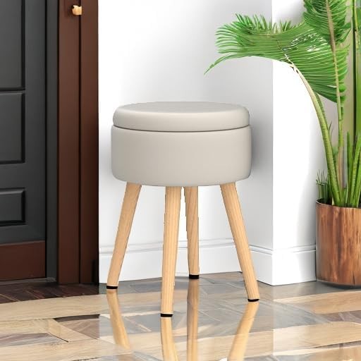Storage Ottoman Linen Round Vanity Stool Tray Top Modern Foot Stool W/ Wood Legs