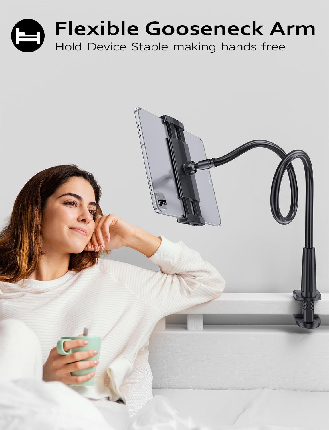 Gooseneck Tablet Holder Stand For Bed Adjustable Flexible Arm Tablets Mount Clam