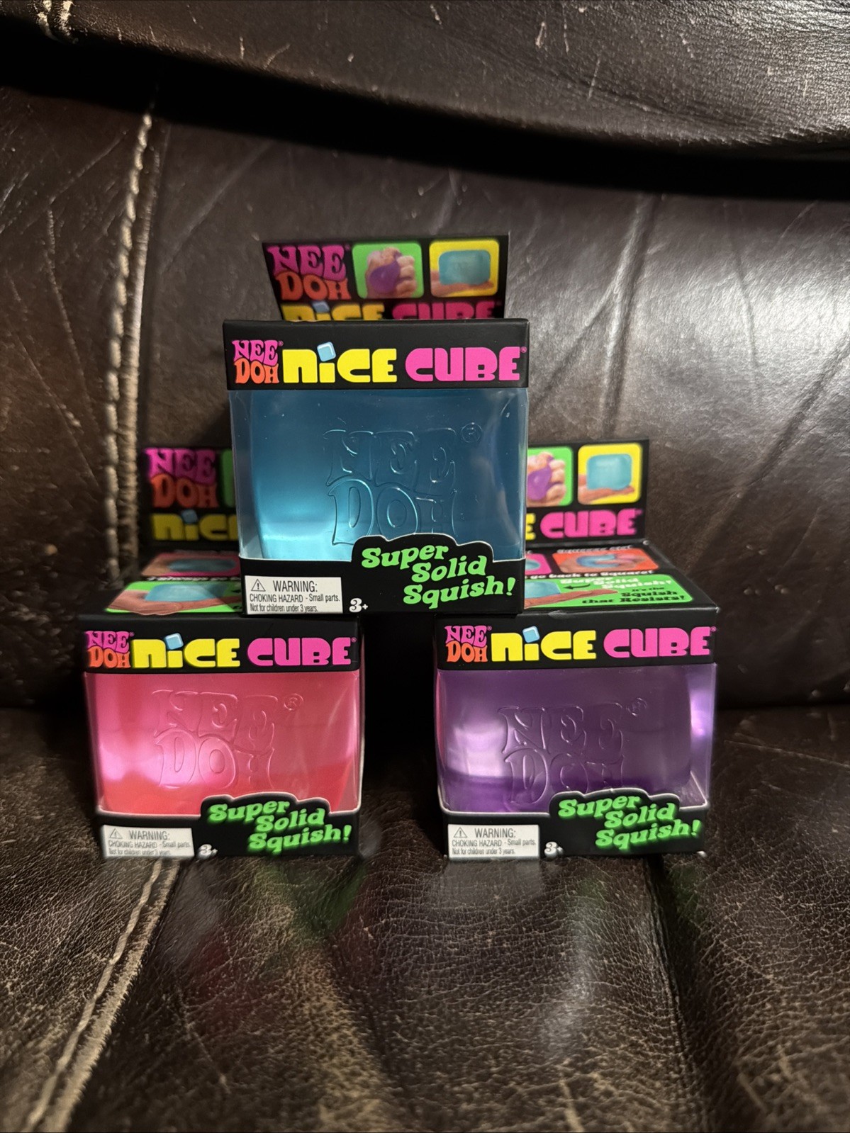 Nee Doh Nice Cube Super Solid Squish (Lot of 3) Blue Purple Pink Authentic