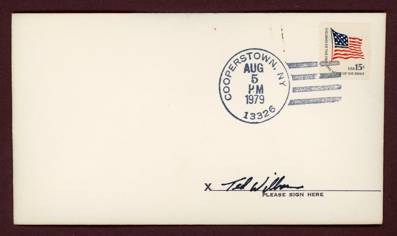 Ted Wilborn Texas Rangers Signed Envelope, 1979 Cooperstown NY Date Stamped