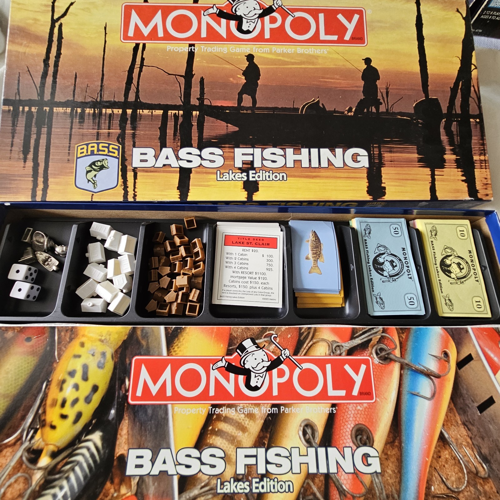 Monopoly Bass Fishing Lakes Edition Parker Brothers Fish Board Game 2005 Parts