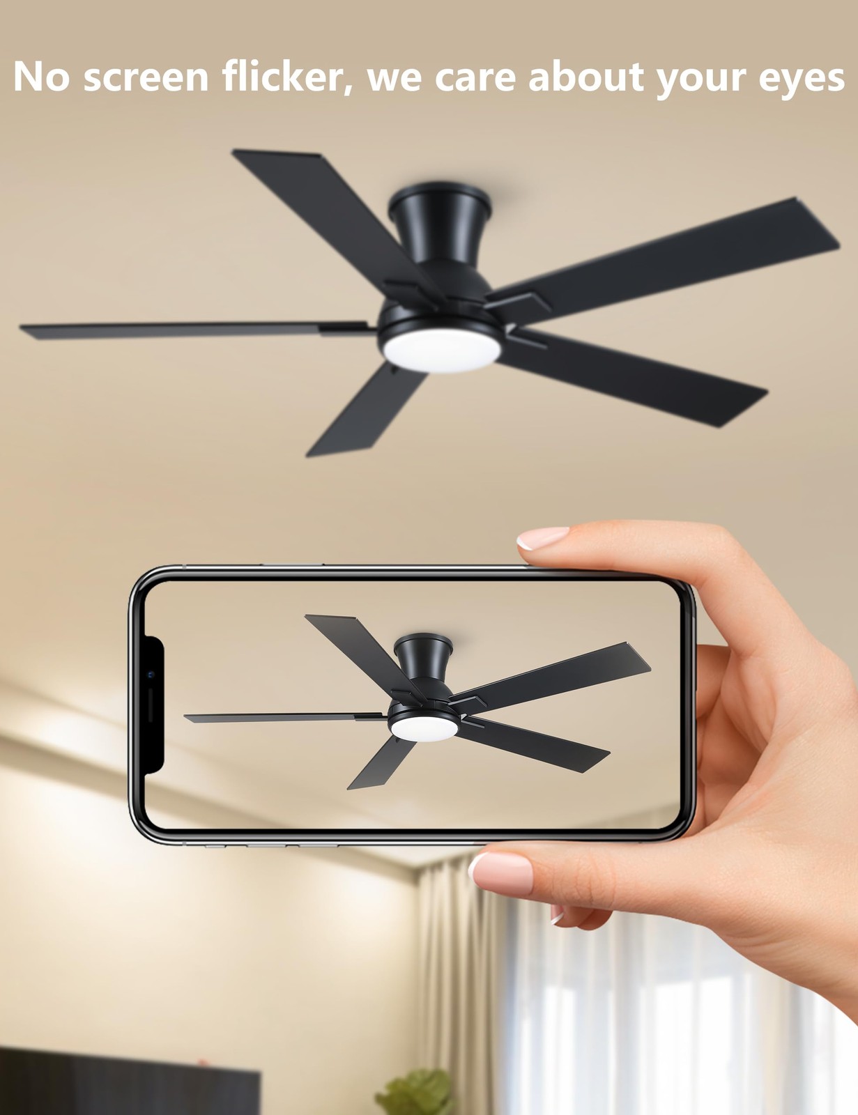 52 Inch Black Flush Mount Ceiling Fan with Light, 52 inch-flush mount,