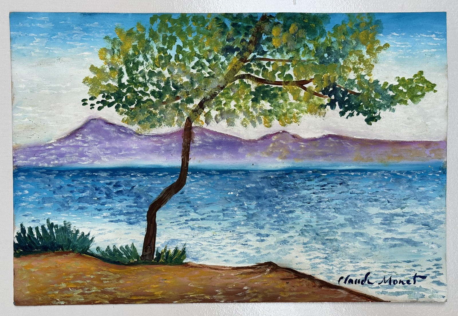 Claude Monet (Handmade) Oil Drawing On old Paper Signed & Stamped Vtg Art
