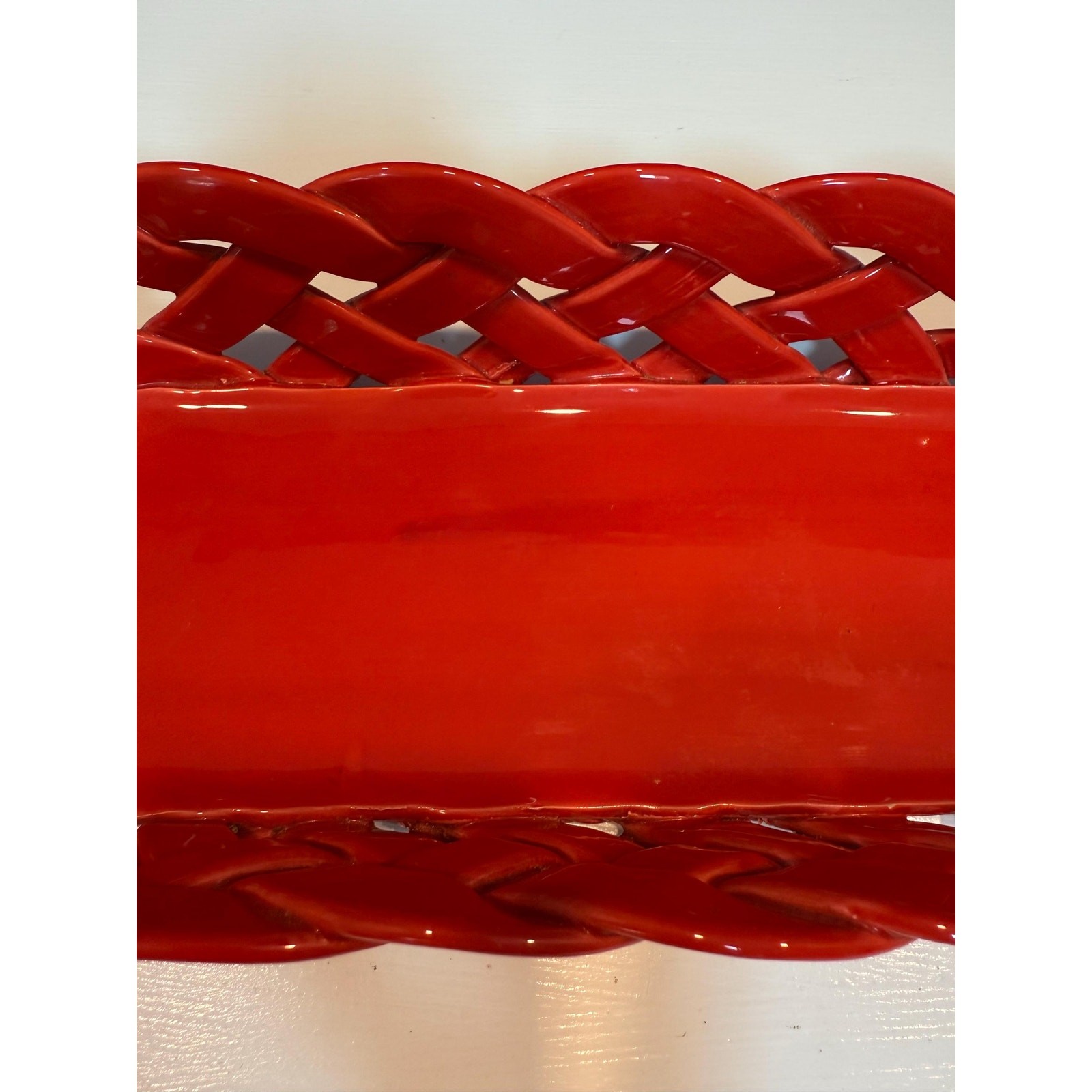 Vintage Primo Gi Red Ceramic Woven Bread Basket Italy Large Weave