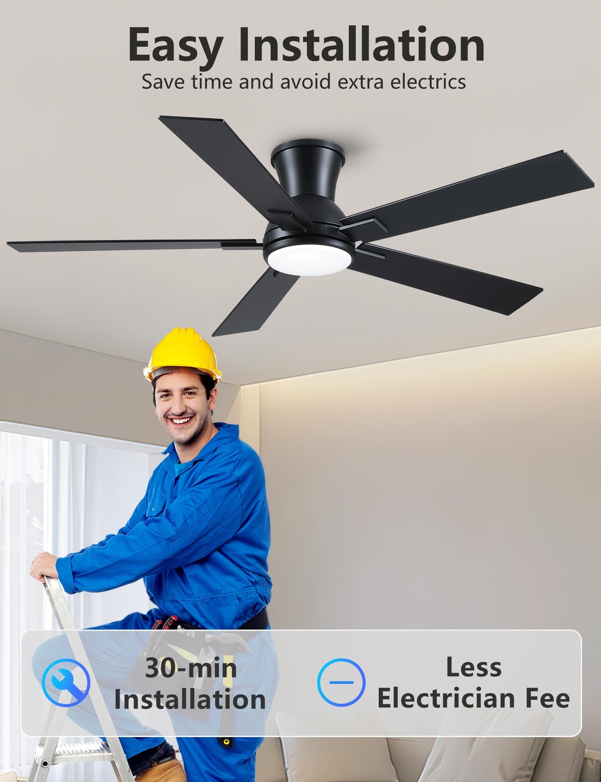 52 Inch Black Flush Mount Ceiling Fan with Light, 52 inch-flush mount,