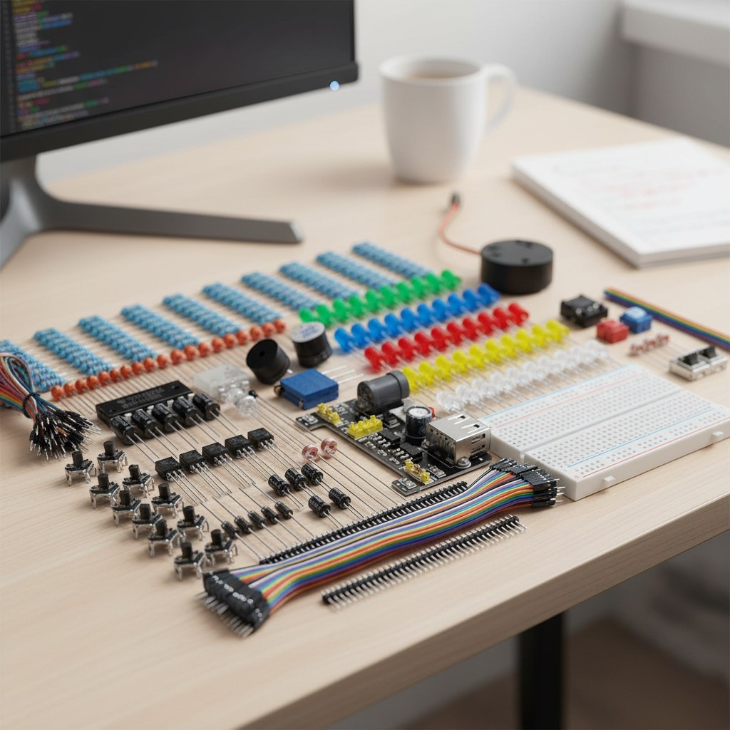 Beginner-Friendly Electronics Kit: Breadboard, Power Supply, Jumper Wires, LED