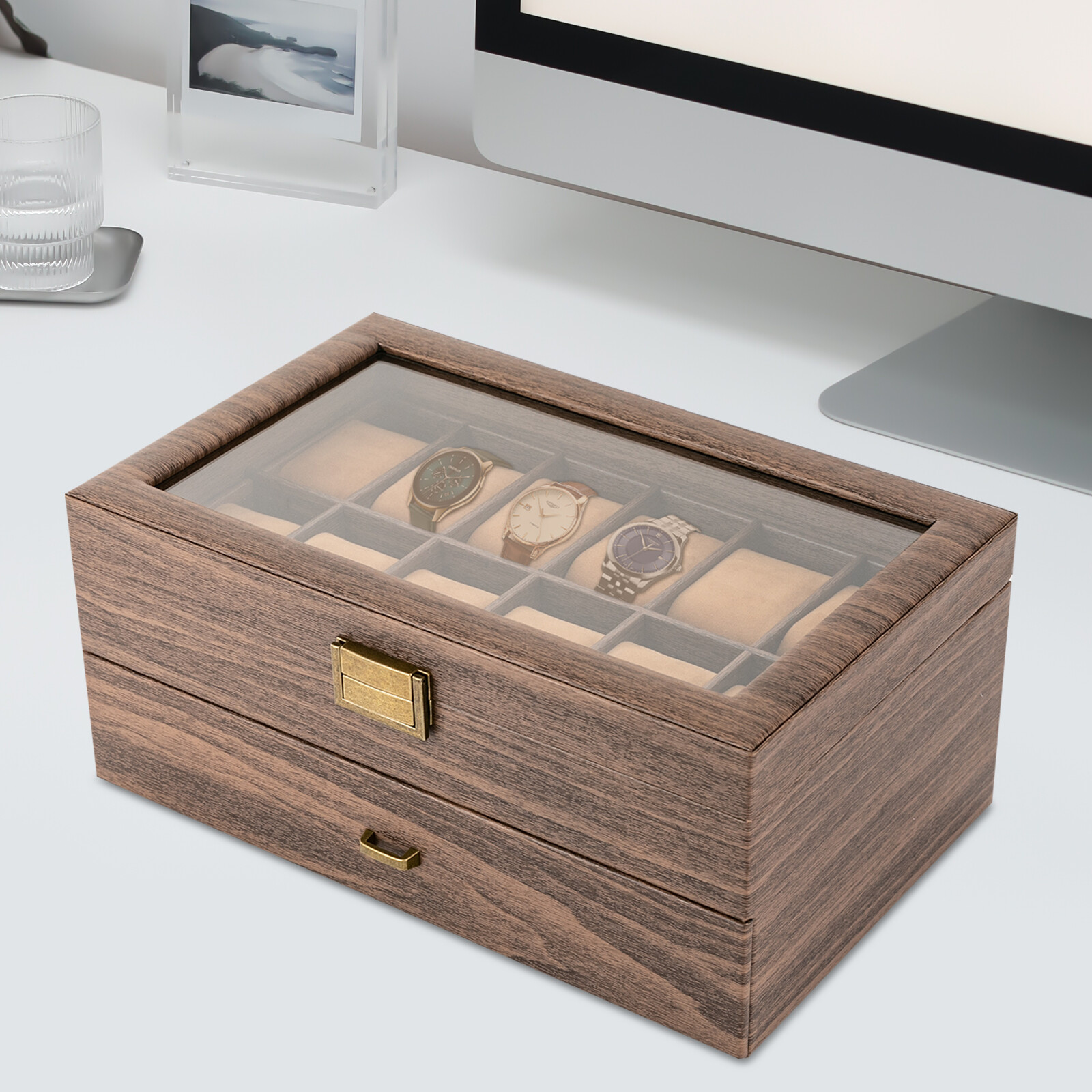24 Slots Watch Box Watch Case Mens Jewelry Holder Watch Display Case w/ Drawer