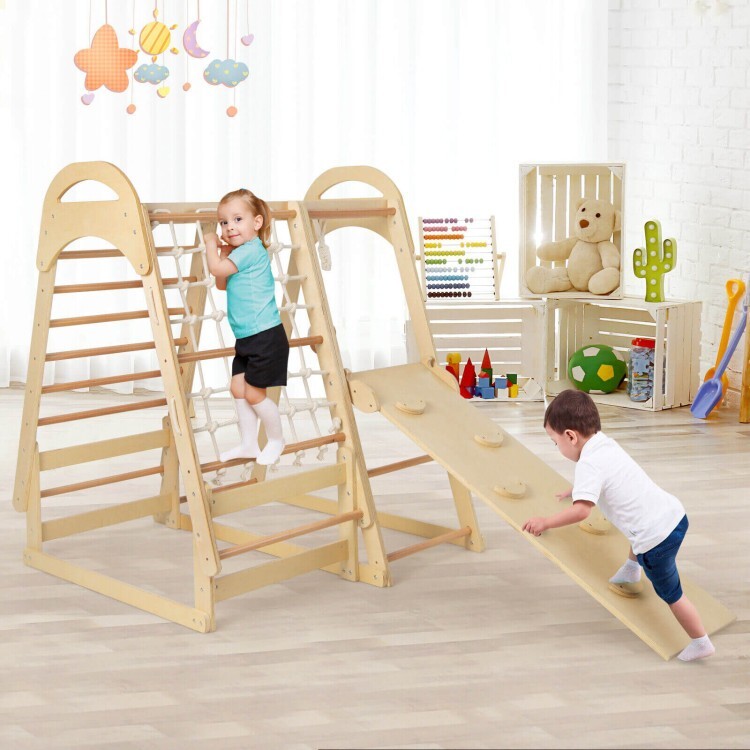 6 in1 Wooden Climbing Toys Kids Indoor Jungle Gym Gift Kids w/Slide Climbing Net