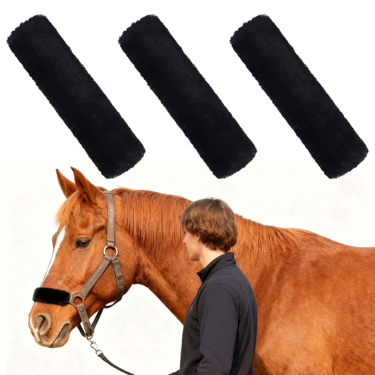 3 Pcs Horse Halter Noseband Cover, Black Noseband Cover for Horse, Bridle Nos...