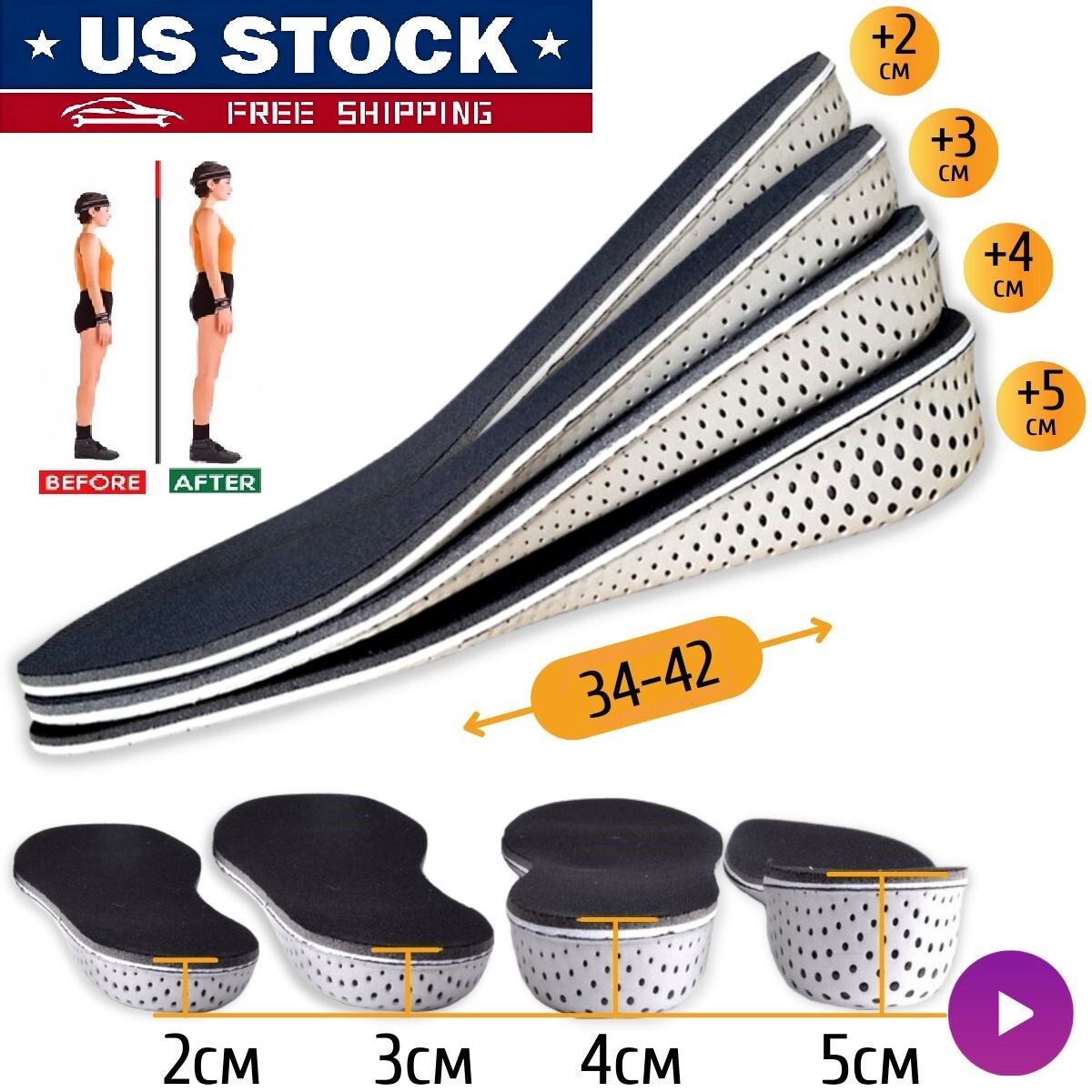 Invisible Height Increase Insoles Heel Lift Taller Shoe Inserts Pad Cuttable USA