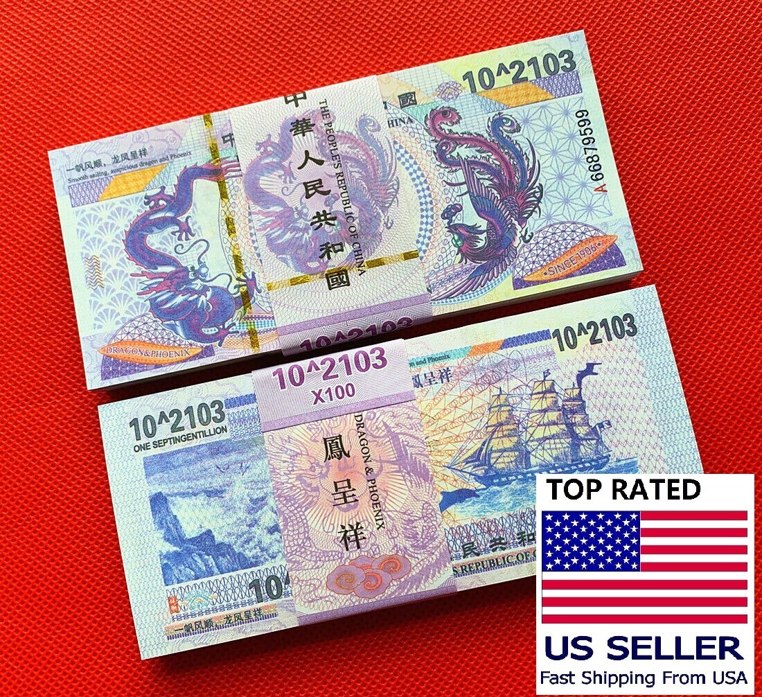 100PCs 10^2103 Vigintillion China Yellow Dragon Purple Bank Notes Un-currency UV