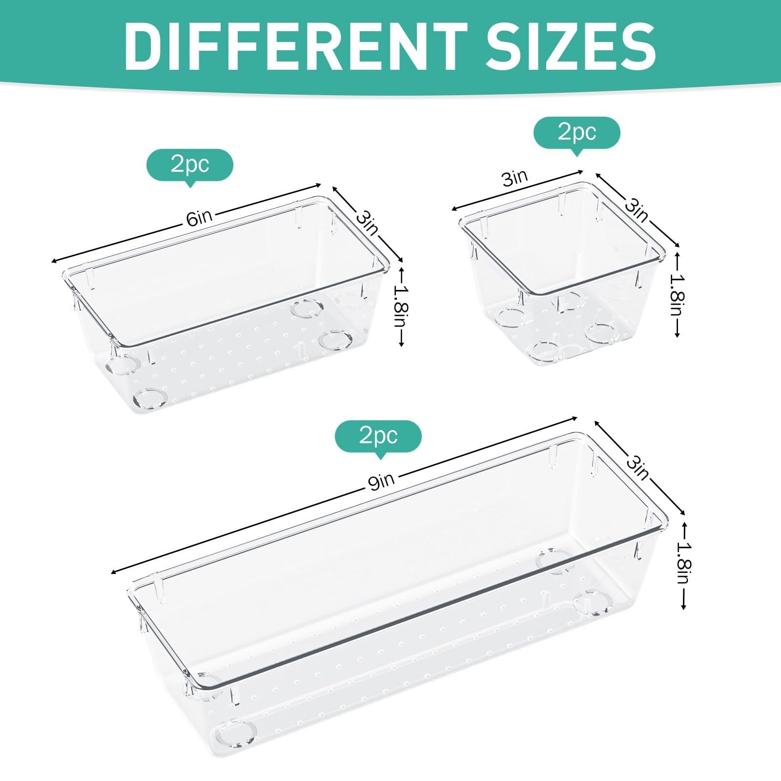 6 Pack Clear Drawer Organizer Set, Acrylic Drawer Storage Trays, Storage Bins...