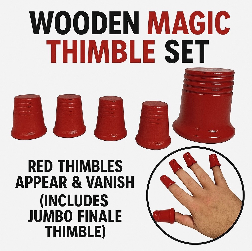 RED WOOD THIMBLE SET 4 Wooden Thimbles & 1 Jumbo Climax Manipulation Magic Trick