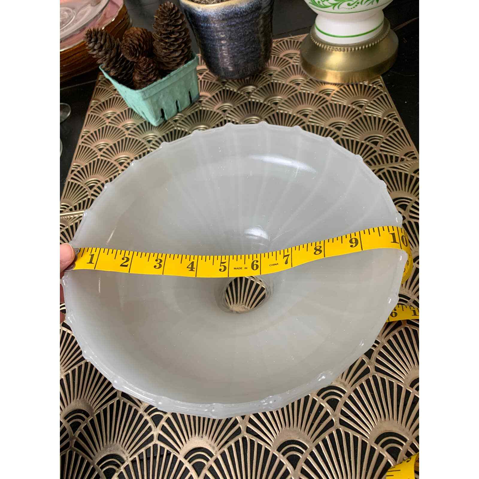 Antique opalescent milk glass hanging pendant lamp shade ribbed 10"