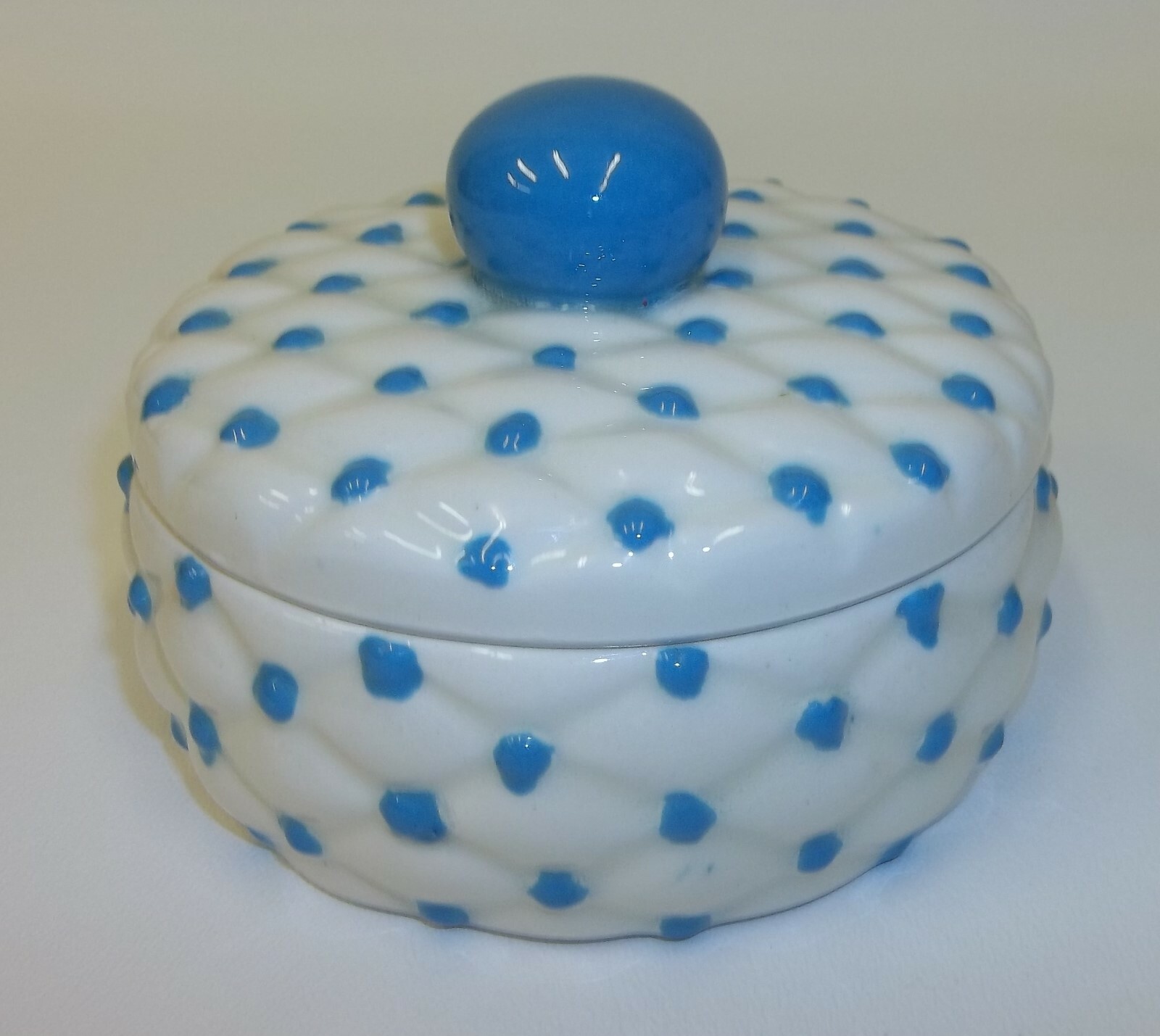 Vintage Blue Dots Quilted Ceramic Lidded Trinket Jewelry Vanity Box