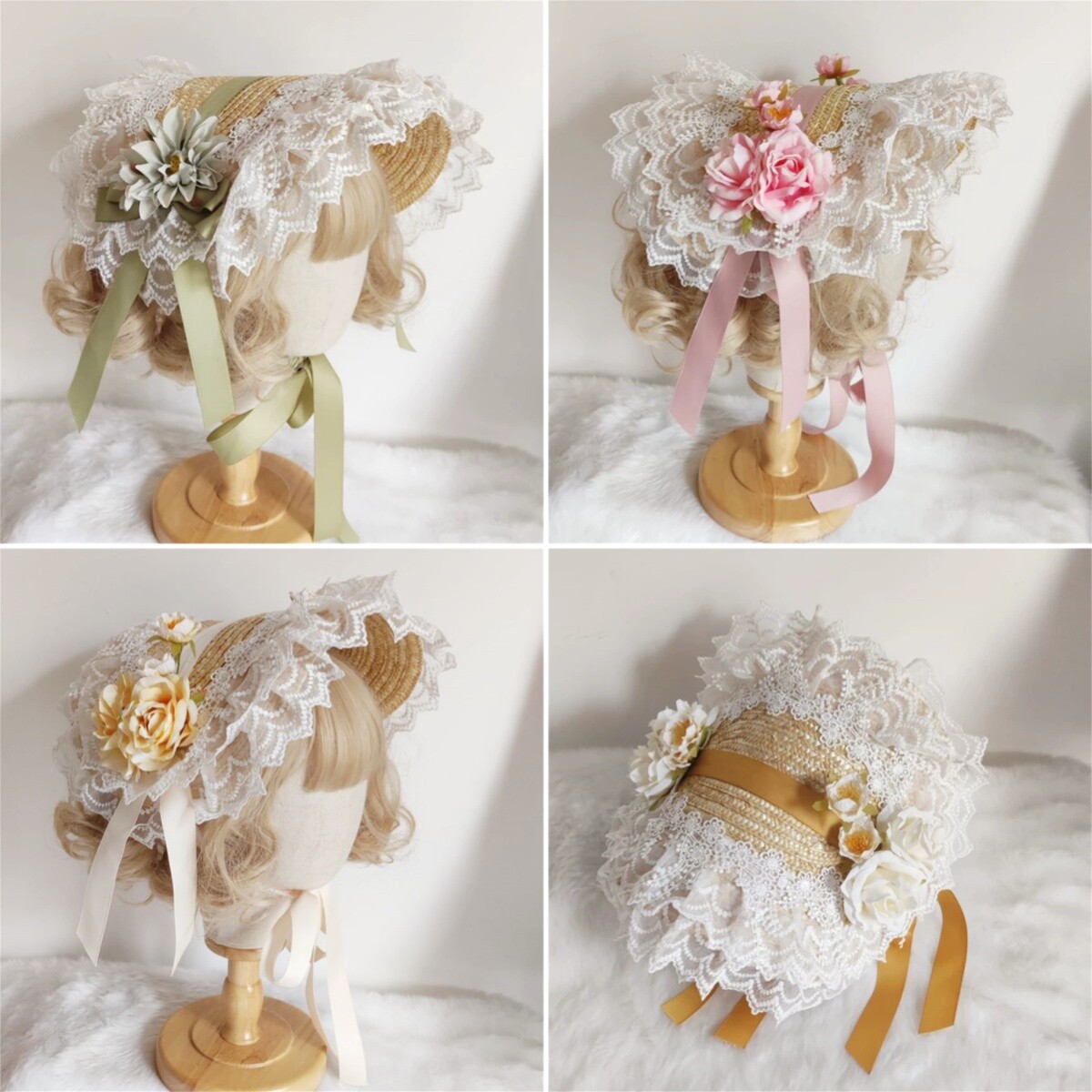 Victorian Women Straw Bonnet with Florals Lace Brim Classic Lolita Bonnet Hat