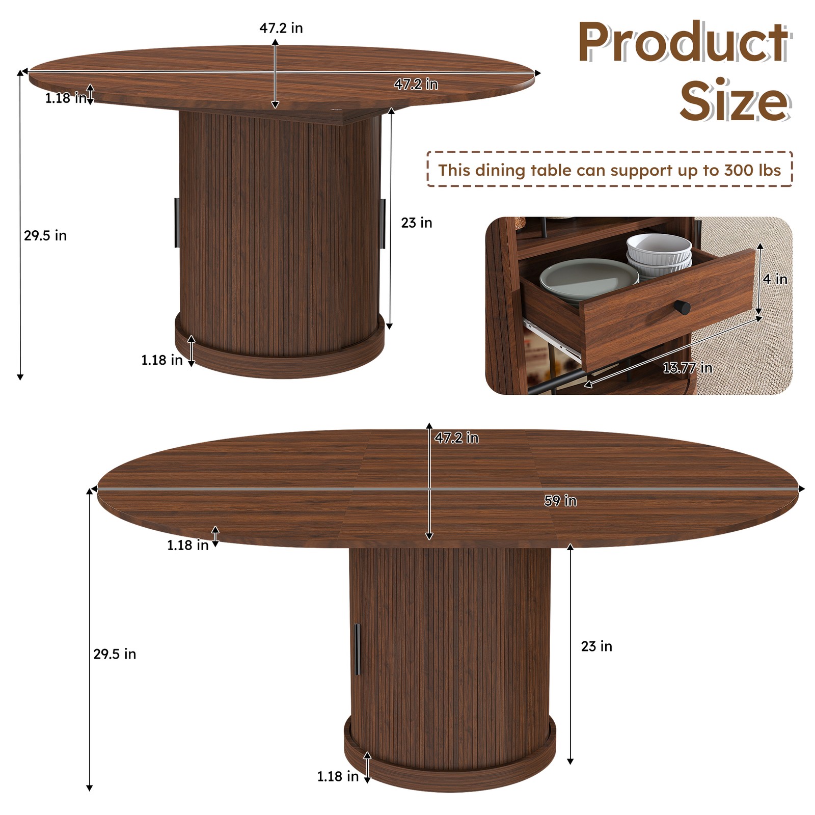 59" Extendable Oval Dining Table with 2-Tier Storage for 4-6, Space Saving Exp