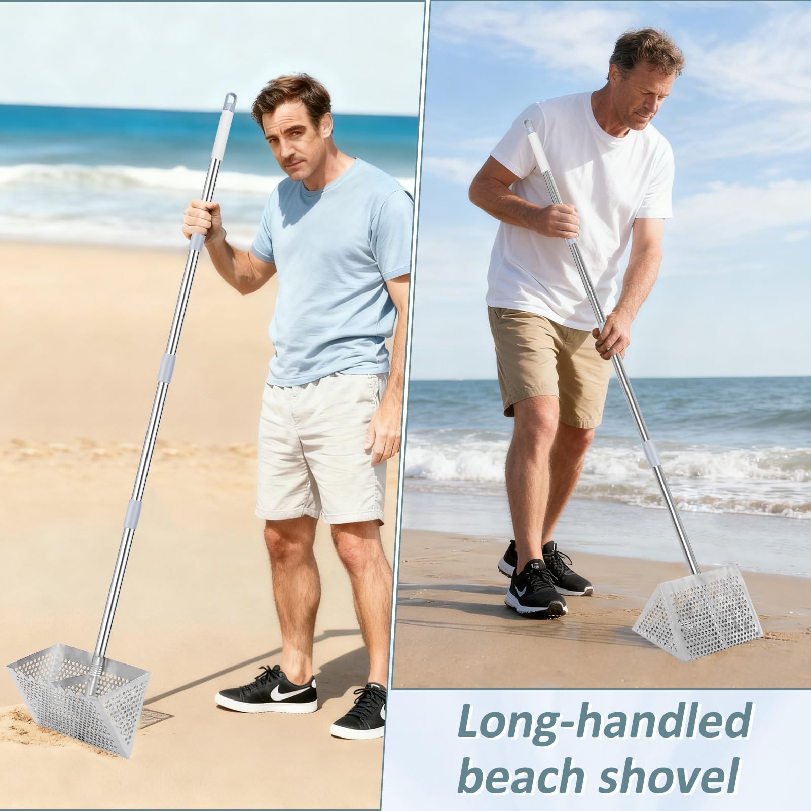 Sand Flea Rake, 65-Inch Long Handle Stainless Steel Sifter - Silver