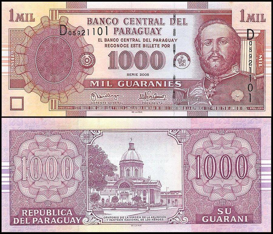 PARAGUAY 1000 GUARANIES 2005 UNC D,PORTRAIT OF MARISCAL FRANCISCO SOLANO AT RIGH
