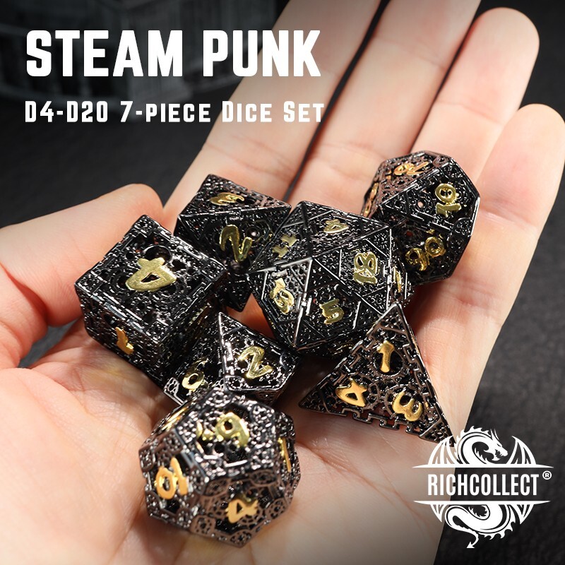 Steam Punk Black Gold 7PCS DnD COC TRPG Dice Set D4 D6 D8 D10 D00 D12 D20