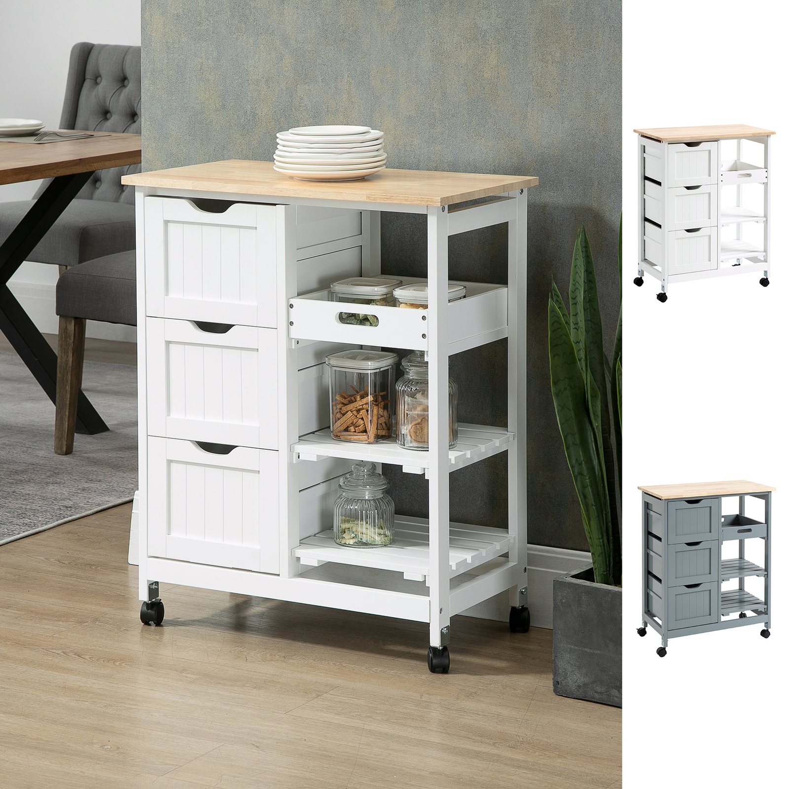 Compact Bar Serving Cart, Compact Trolley with Wood Top & Drawers