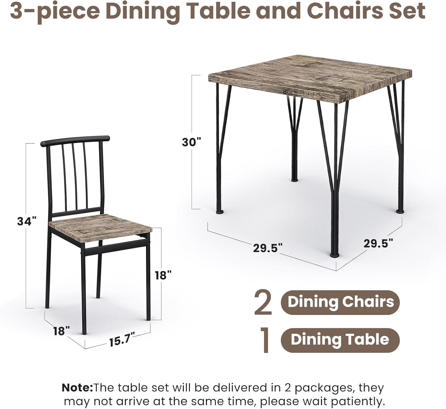3-Piece Dining Table Set - Space-Saving Kitchen Table with 2 Chairs, Easy Assemb