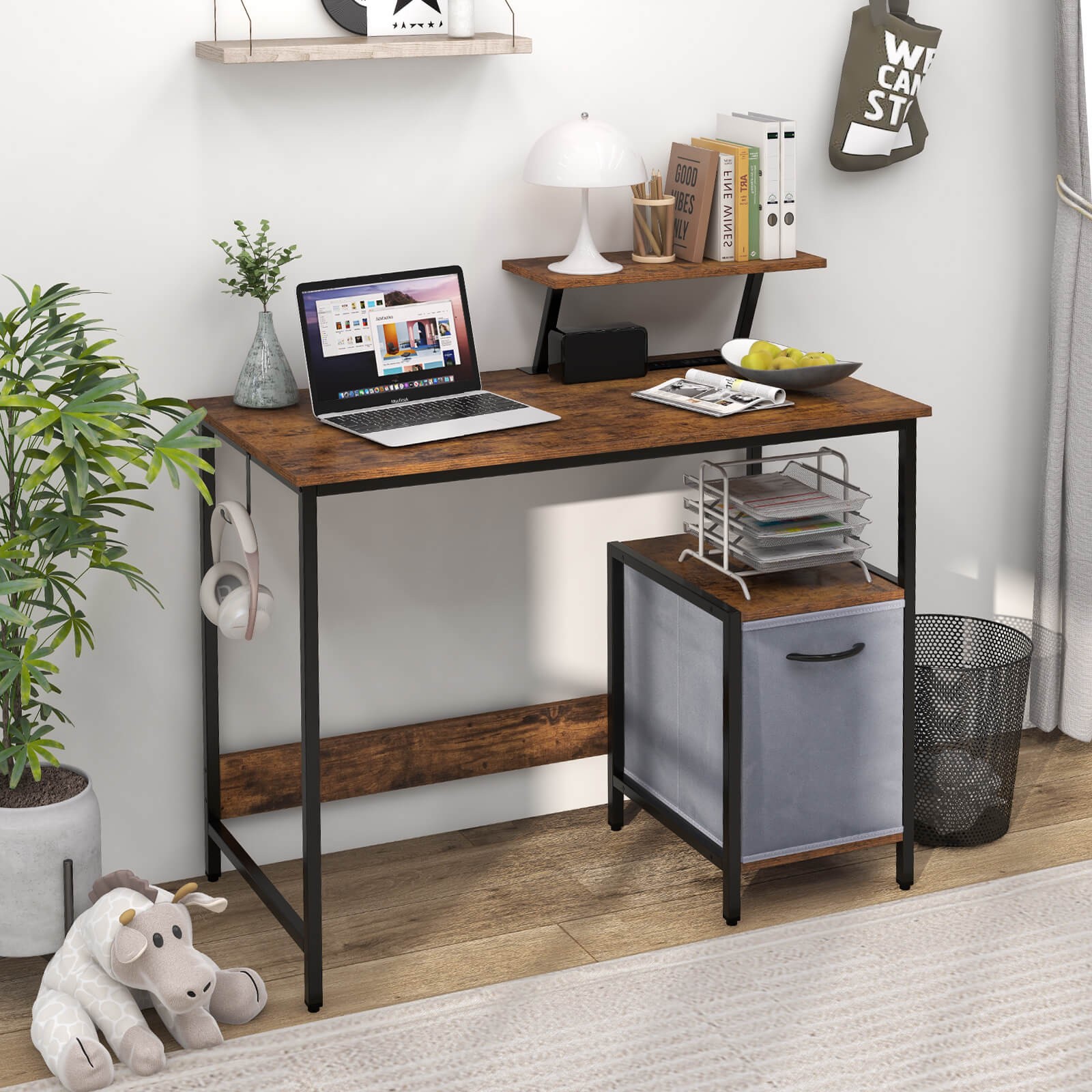 Costway Computer Desk Writing Workstation Home Office w/ Storage Rack & Shelf