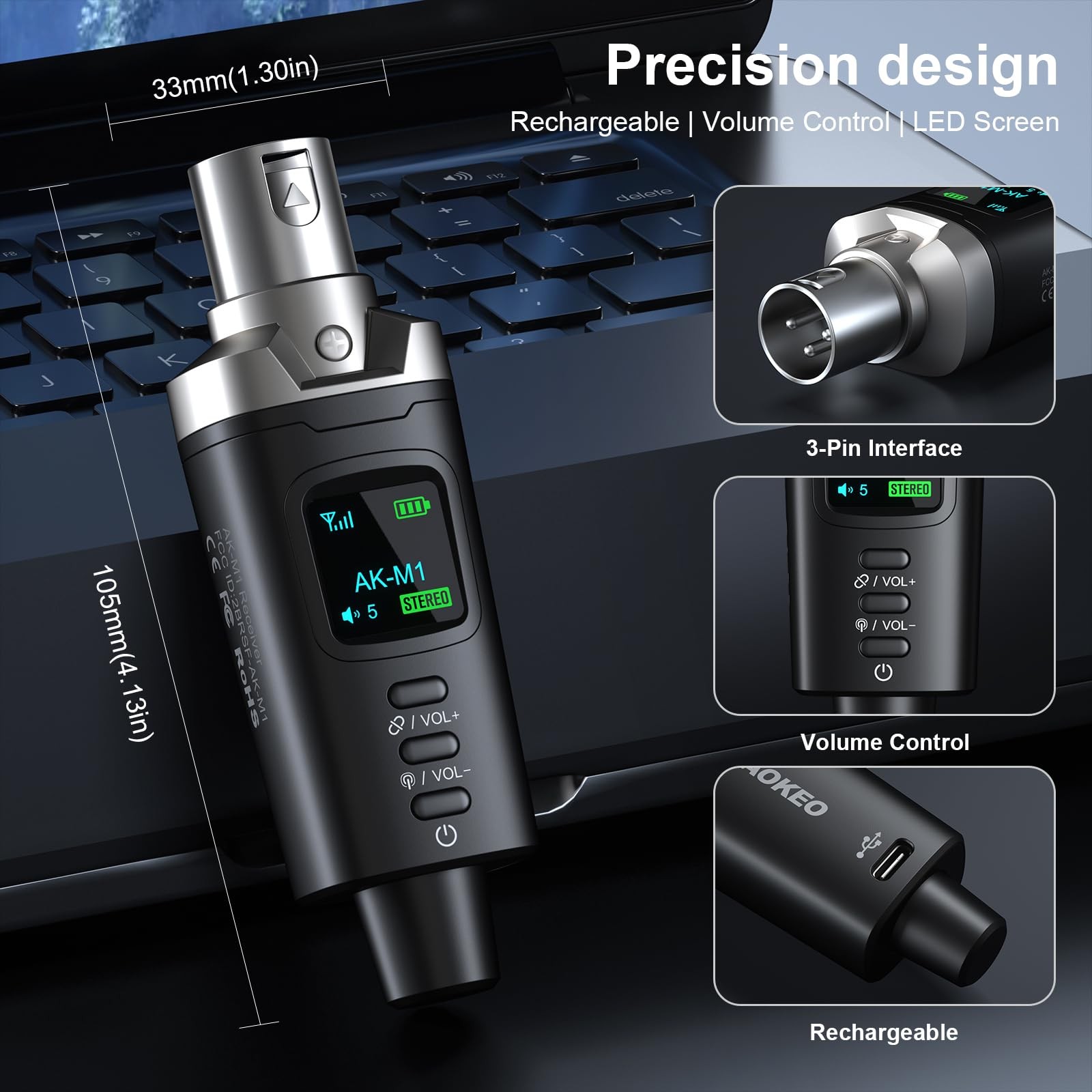 Bluetooth XLR Receiver, Wireless Audio Adapter, 100ft, Stereo