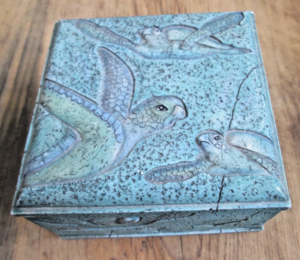 Vintage Green Blue Sea Turtle Ocean Trinket Jewelry Box w/ Lid Resin Marble-Look