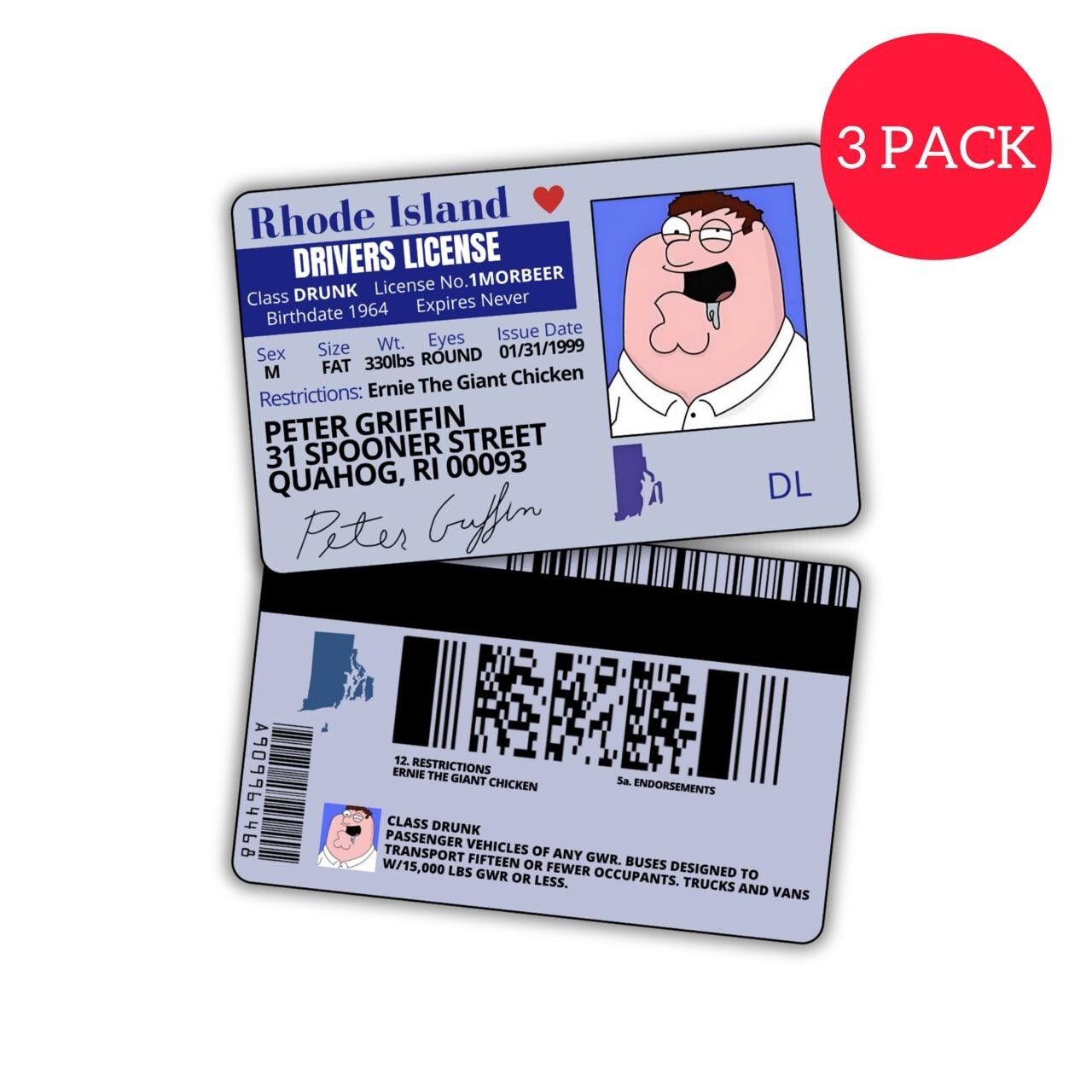 Pack of 3 Peter Griffin Driver License ID Funny Plastic License Family Guy Fans