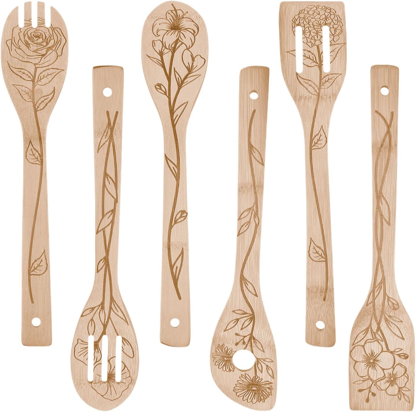 GLOBLELAND 6Pcs Floral Bamboo Cooking Utensils Wooden Engraved Wood Color