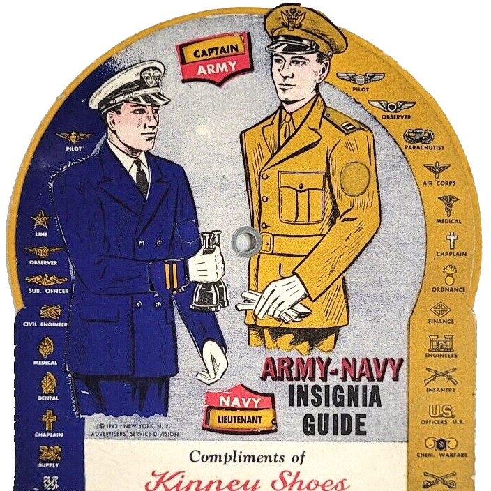 1942 Kinney Shoes US Army Navy Insignia Mechanical Wheel Ad Card WWII Uniform