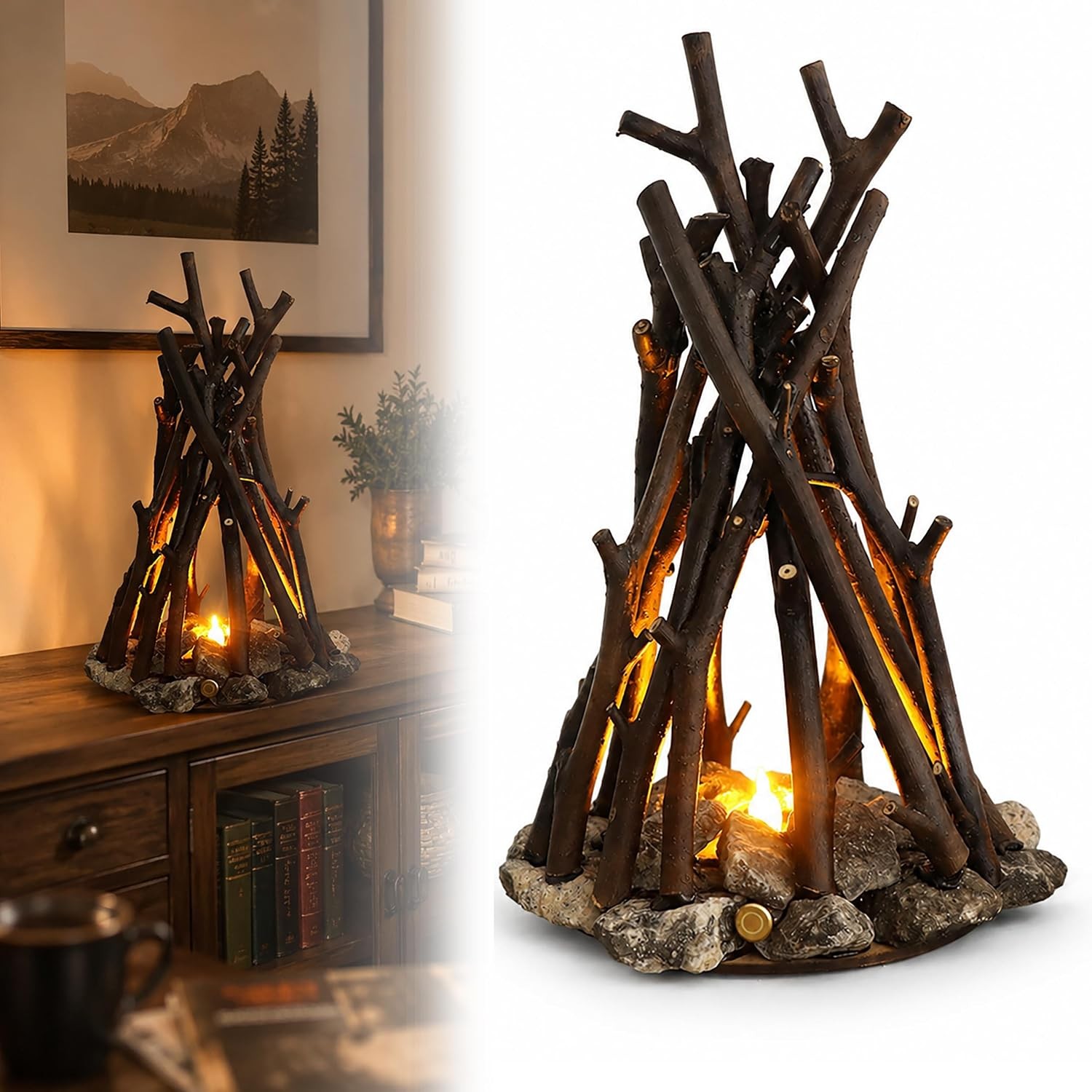 Rustic Wooden Campfire Table Lamp LED - USB Rechargeable 3 Modes Crackling