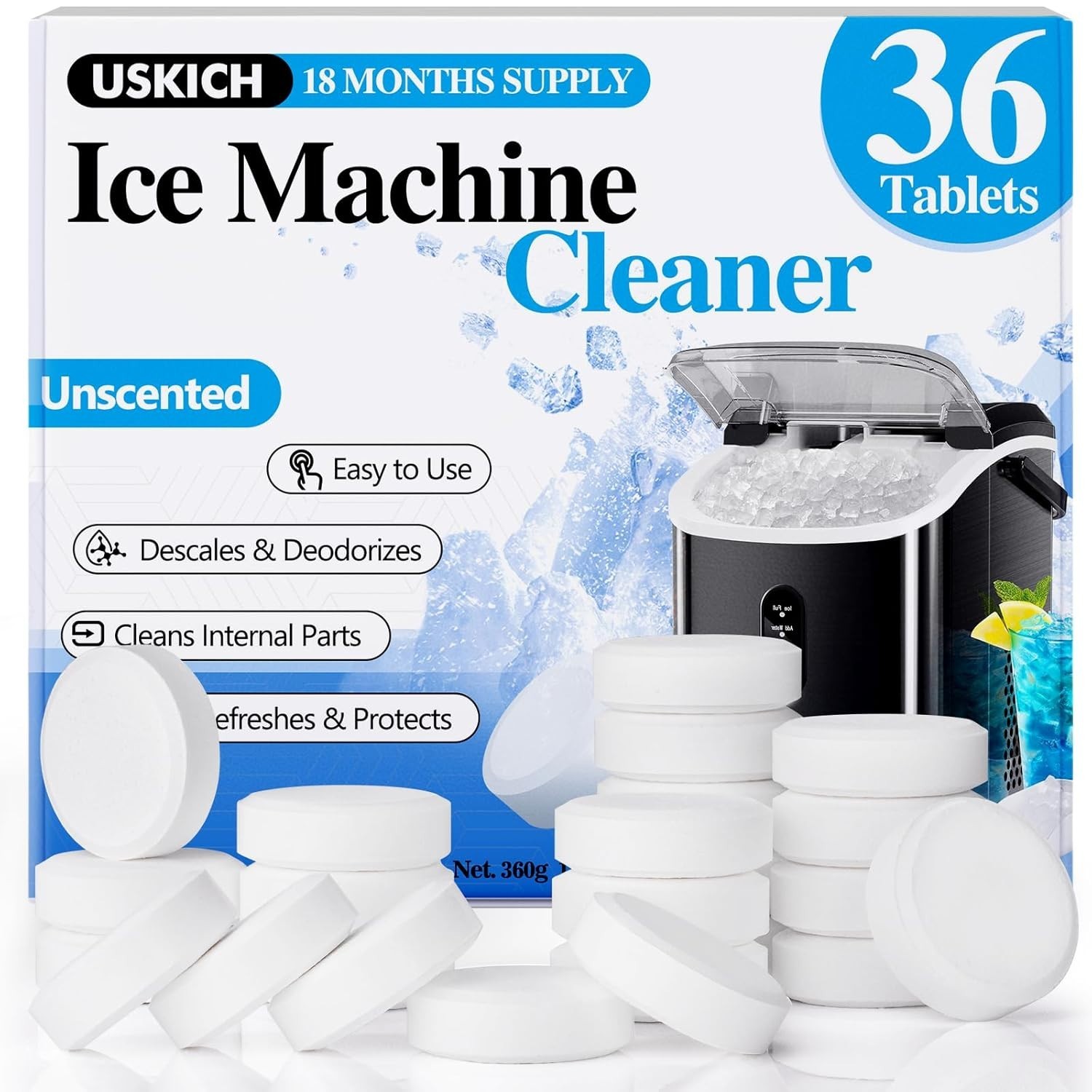 Crystal Clear Ice Maker Cleaner Tablets - 36 Count Compatible with TOP Brands