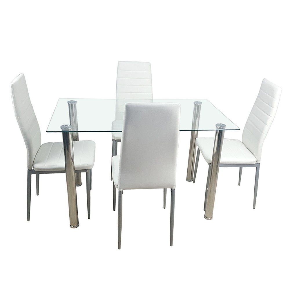 5pcs/set Dining Table Set Kitchen Tempered Glass Dining Table + 4 Chairs White
