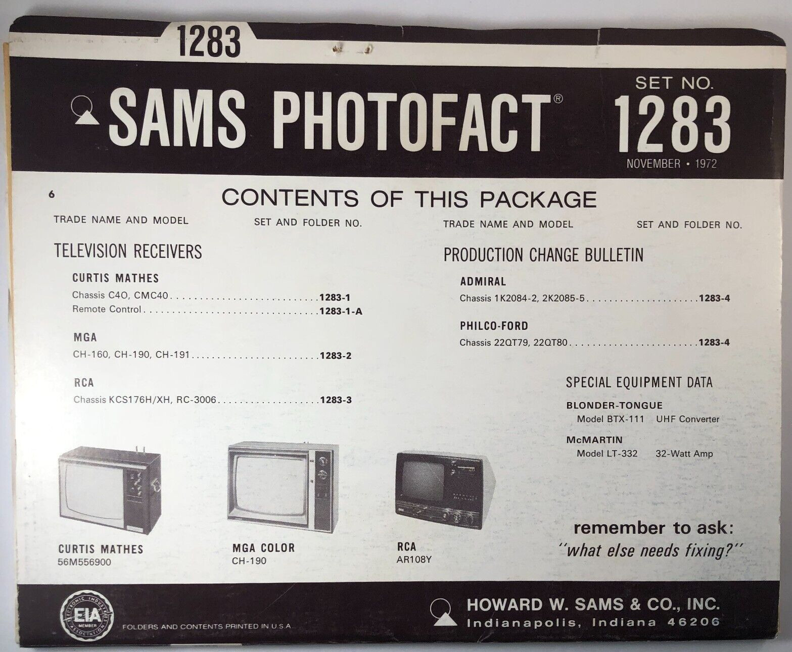 SAMS PHOTOFACT FOLDER SET NO. 1283, 1972, SCHEMATICS & SERVICE MANUALS