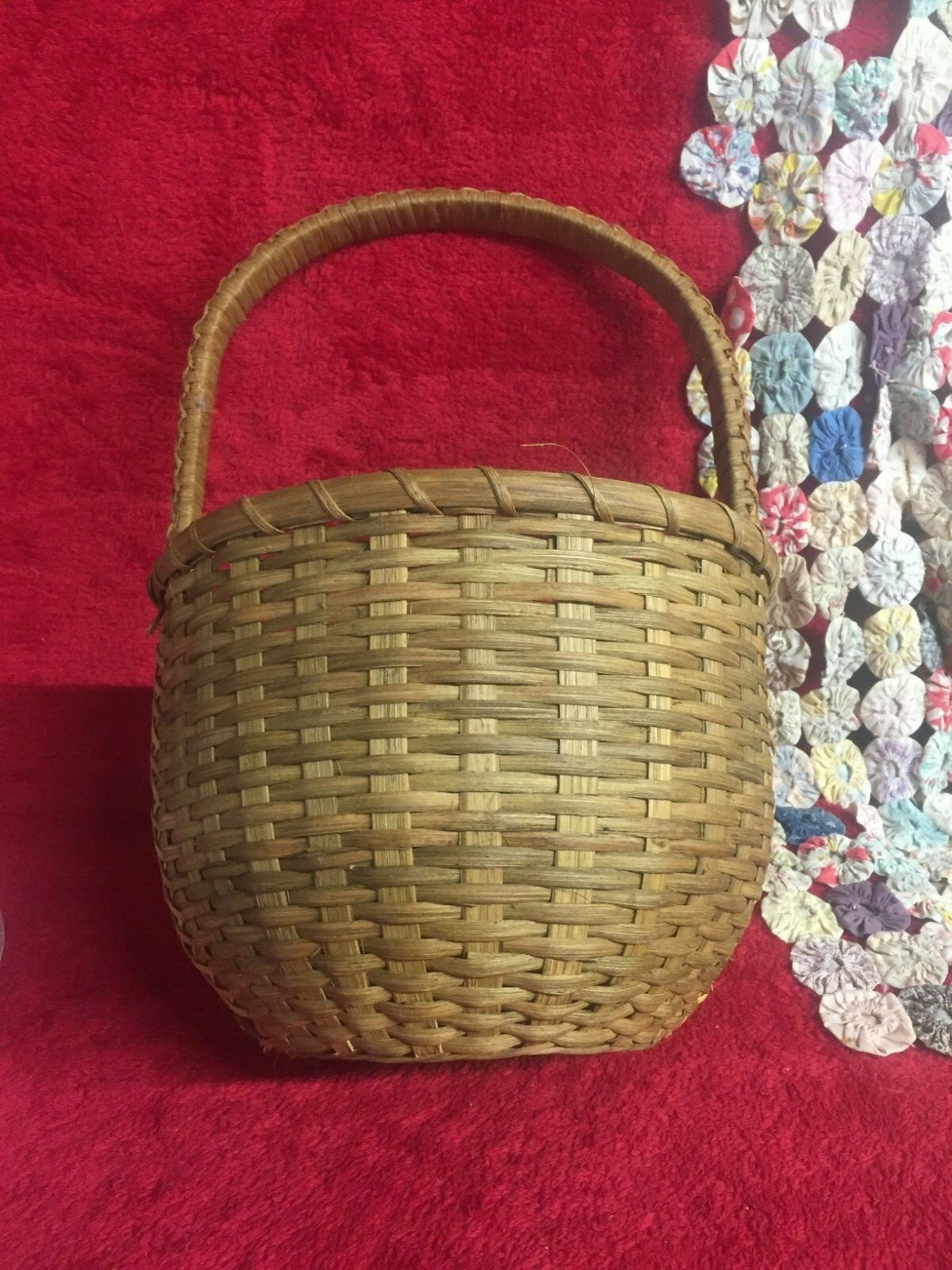 Vtg Primitive Basket with Very Elaborate Double Cross Design on Handle & Side