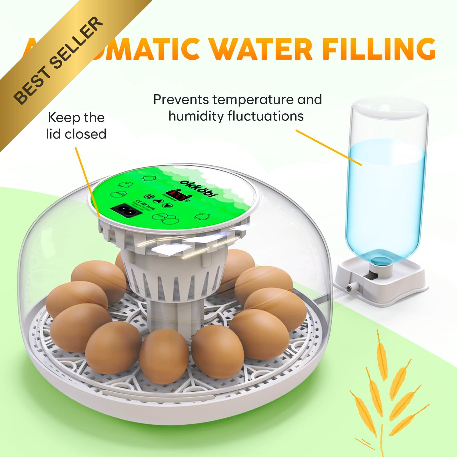 Okkobi M12 Egg Incubator Automatic Turner Humidity Control 12/24 Eggs White & Gr