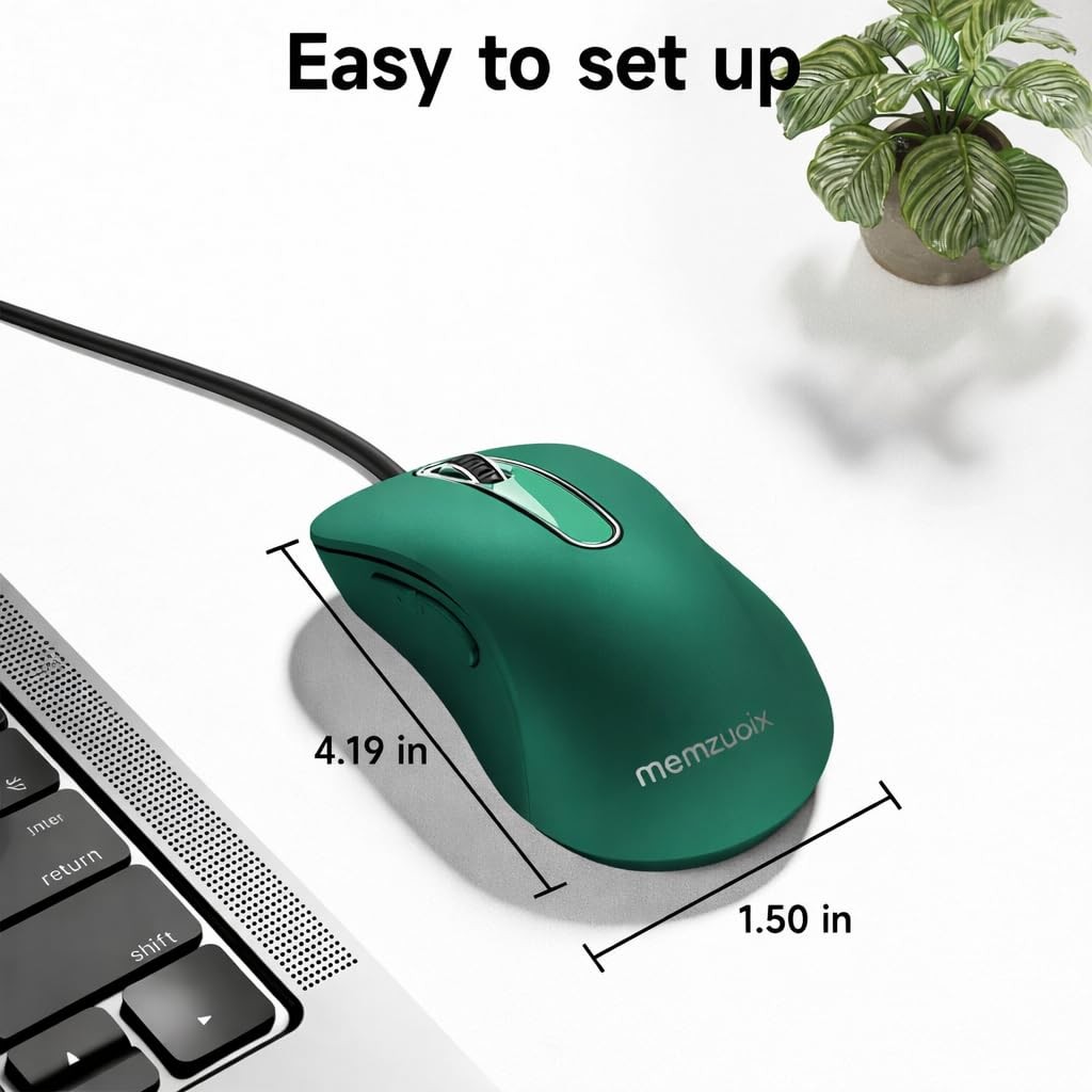 Wired USB Computer Mouse 1400 DPI Optical Ergonomic 5 Ft Cord Dark Green