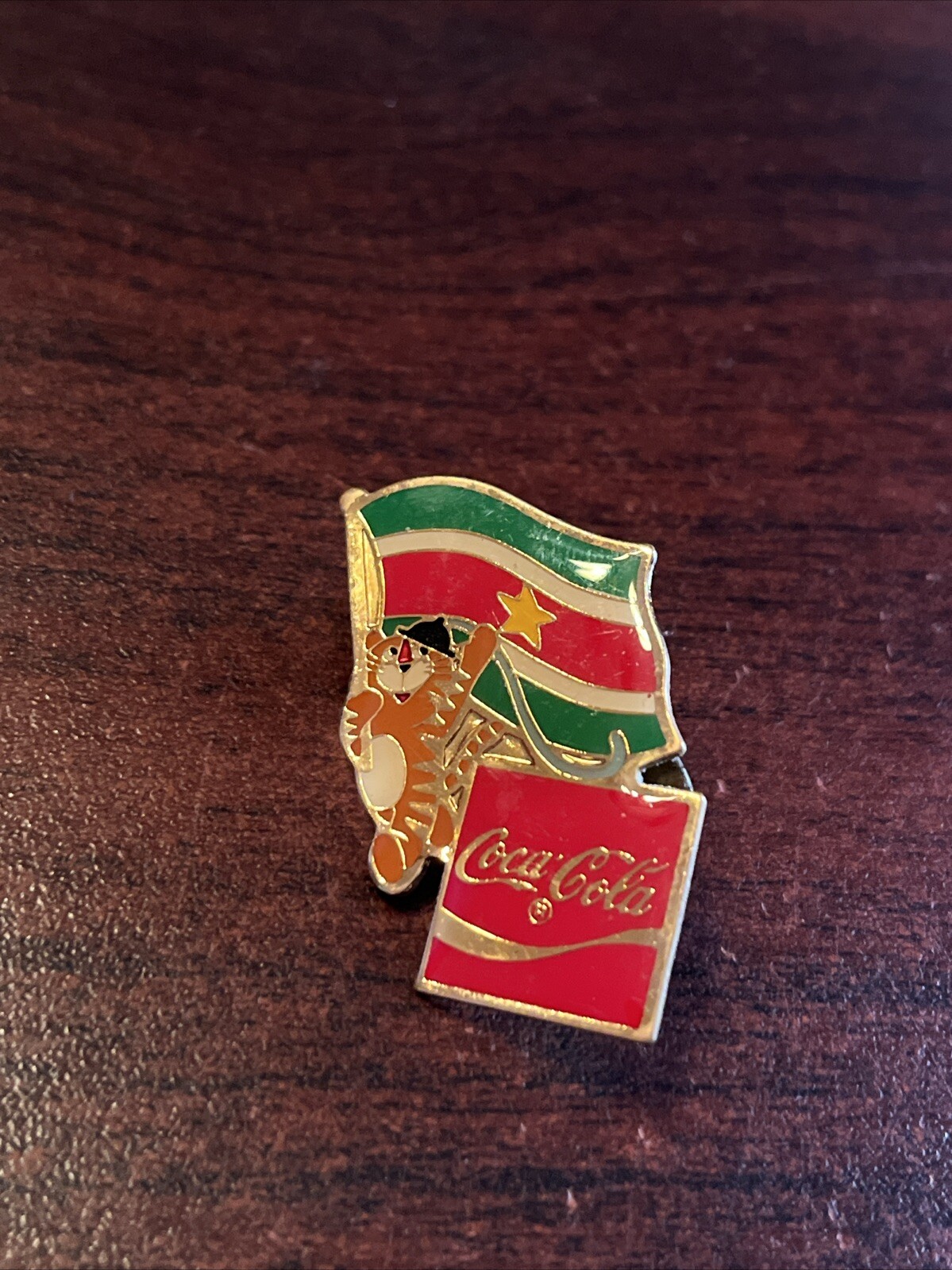 Vintage 1988 Seoul Olympics Coca Cola Hodori Tiger Suriname Flag Lapel Pin