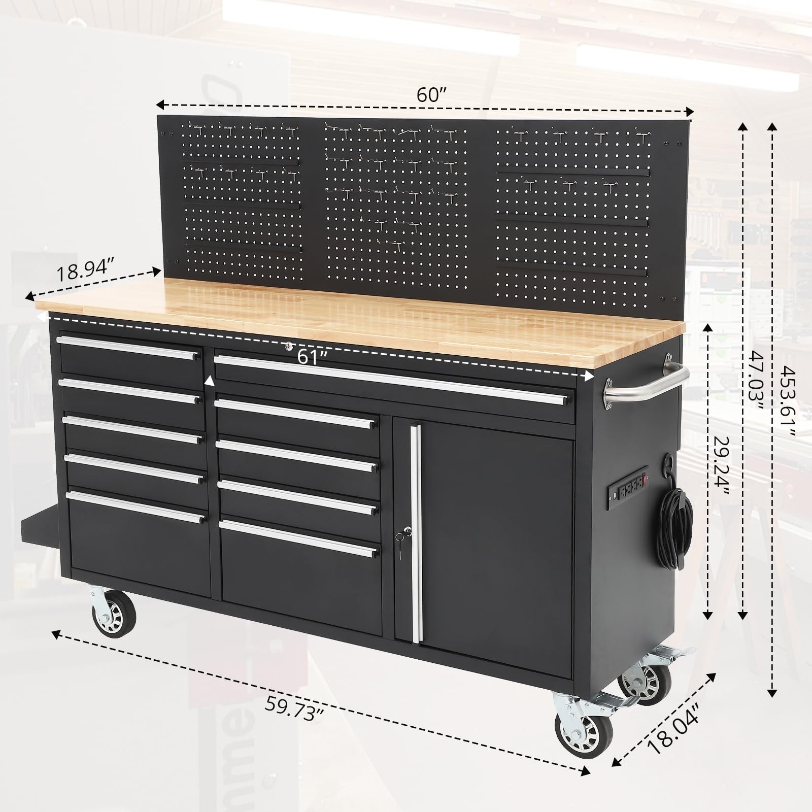 Rolling Tool Chest 61", 10 Drawers, Power Outlet, Solid Rubber Wood Top