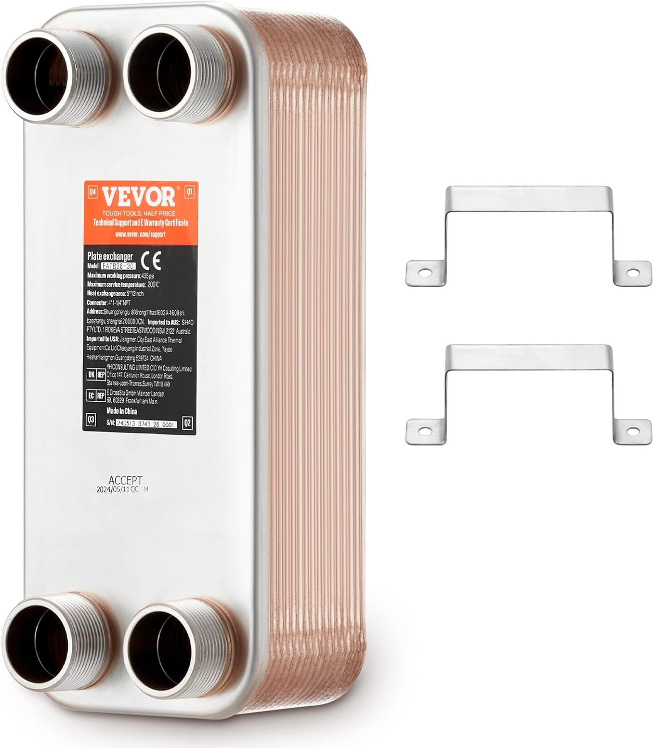 Heat Exchanger, 5"X 12" 30 Plates Brazed Plate Heat Exchanger, Copper/316L Stain
